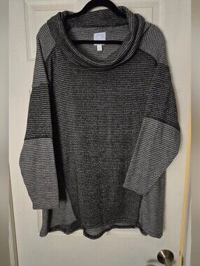 Sunday Women's Black and Gray Striped Cowl Neck Sweater